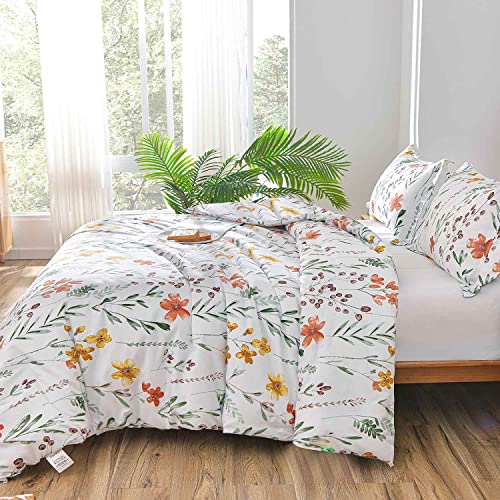 Floral Duvet Cover Full Size - White Yellow Flowers and Green Leaf Spring Botanical Printed Microfiber Comforter Cover Set - 3PC 80X90 Soft and Lightweight Quilt Cover, Farmhouse Style for Women Men