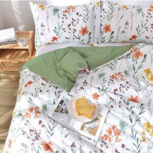 Floral Duvet Cover Full Size - White Yellow Flowers and Green Leaf Spring Botanical Printed Microfiber Comforter Cover Set - 3PC 80X90 Soft and Lightweight Quilt Cover, Farmhouse Style for Women Men