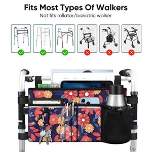 FINPAC Large Walker Tote Bag with Cup Holder, Folding Walker Attachment Hands-Free Storage Basket Mobility Aid Accessory Pouch for Elderly, Senior, Daisy