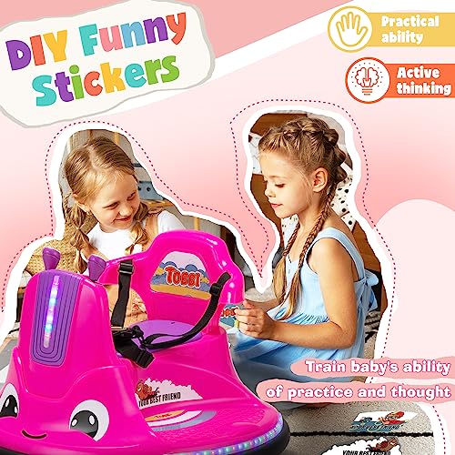 TOBBI Toddlers Bumper Car, 12v Baby Electric Ride On Snail Shape Toy with Remote Control/Children DIY Funny Stickers/360 Degree Spin for Kids of Ages 3-9-Rose Red