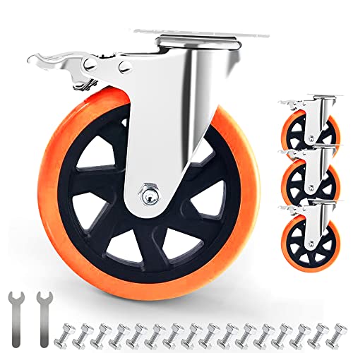 6" Swivel Plate Casters Wheels with Screw Safety Dual Locking and Polyurethane Foam No Noise Wheels,Heavy Duty-550 Lbs Per Caster