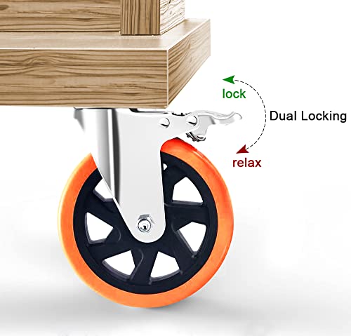 6" Swivel Plate Casters Wheels with Screw Safety Dual Locking and Polyurethane Foam No Noise Wheels,Heavy Duty-550 Lbs Per Caster