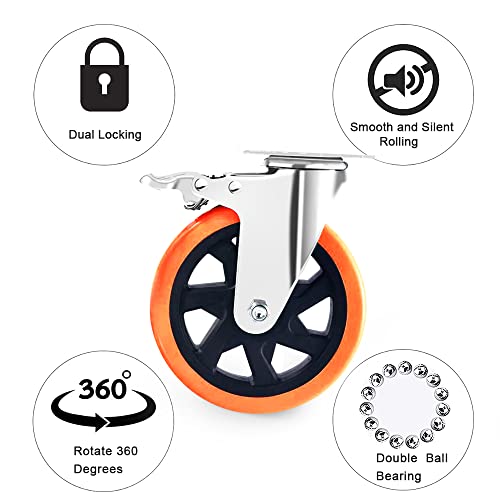 6" Swivel Plate Casters Wheels with Screw Safety Dual Locking and Polyurethane Foam No Noise Wheels,Heavy Duty-550 Lbs Per Caster