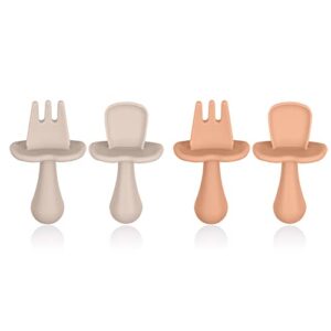 Vicloon Silicone Baby Spoons and Fork Feeding Set, 4 PCS Silicone Baby Spoons Self Feeding 6+ Months, Silicone Baby Spoons, Baby Utensils & Baby Feeding Supplies Infant First Stage(Flesh&Orange)