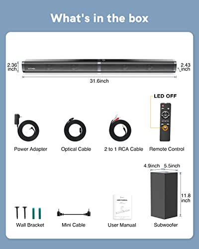 ULTIMEA Sound Bars for TV with Subwoofer Deep Bass, 2.1 TV Sound Bar, 5 EQ/Voice Clear, Bluetooth Soundbar for TV Speakers Surround Sound, TV Soundbar for PC Works w/Optical/AUX/USB, Mountable-110dB