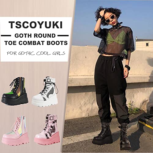 Tscoyuki Platform Ankle Boots for Women Chunky High Heel Booties Gothic Round Toe Combat Boots Women Lace Up Motorcycle Wedges