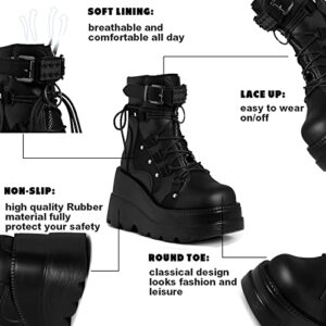 Tscoyuki Platform Ankle Boots for Women Chunky High Heel Booties Gothic Round Toe Combat Boots Women Lace Up Motorcycle Wedges