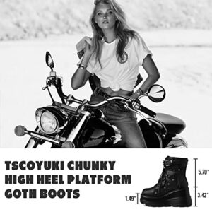 Tscoyuki Platform Ankle Boots for Women Chunky High Heel Booties Gothic Round Toe Combat Boots Women Lace Up Motorcycle Wedges