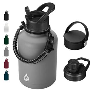 bjpkpk insulated water bottles with straw lid,50oz large water bottle,stainless steel vacuum water bottle,hot & cold insulated water bottles with 3 lids and paracord handle,gray