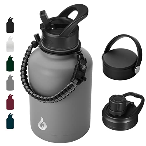 BJPKPK Insulated Water Bottles with Straw Lid,50oz Large Water Bottle,Stainless Steel Vacuum Water Bottle,Hot & Cold Insulated Water Bottles with 3 Lids and Paracord Handle,Gray