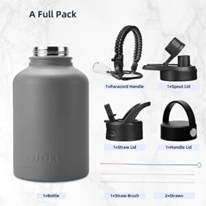 BJPKPK Insulated Water Bottles with Straw Lid,50oz Large Water Bottle,Stainless Steel Vacuum Water Bottle,Hot & Cold Insulated Water Bottles with 3 Lids and Paracord Handle,Gray