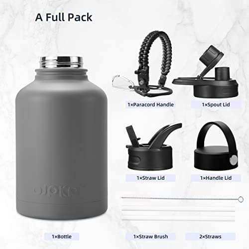 BJPKPK Insulated Water Bottles with Straw Lid,50oz Large Water Bottle,Stainless Steel Vacuum Water Bottle,Hot & Cold Insulated Water Bottles with 3 Lids and Paracord Handle,Gray