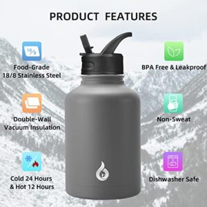 BJPKPK Insulated Water Bottles with Straw Lid,50oz Large Water Bottle,Stainless Steel Vacuum Water Bottle,Hot & Cold Insulated Water Bottles with 3 Lids and Paracord Handle,Gray