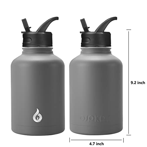 BJPKPK Insulated Water Bottles with Straw Lid,50oz Large Water Bottle,Stainless Steel Vacuum Water Bottle,Hot & Cold Insulated Water Bottles with 3 Lids and Paracord Handle,Gray