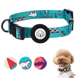 adjustable soft airtag dog collar, print flower multicolor cute patterns polyester dog collar with silicone apple air tag holder case for small medium large dogs girl boy puppy (m, blue bear)