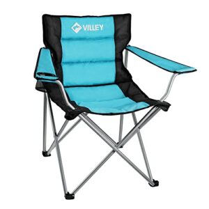 villey camping chairs, padded folding chair, outdoor portable high camp chair, foldable outside arm chair with cup holder & carry bag, blue