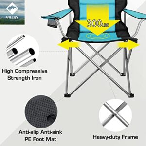 VILLEY Camping Chairs, Padded Folding Chair, Outdoor Portable High Camp Chair, Foldable Outside Arm Chair with Cup Holder & Carry Bag, Blue