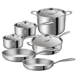 roydx 10-piece pots and pans set, stainless steel pan kitchen cookware stay-cool handle, includes frying pans, sauce pans stock pot with lid for induction/electric gas cooktops dishwasher