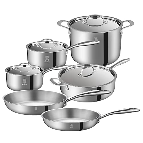 ROYDX 10-Piece Pots and Pans Set, Stainless Steel Pan Kitchen Cookware Stay-Cool Handle, Includes Frying Pans, Sauce Pans Stock Pot with Lid for Induction/Electric Gas Cooktops Dishwasher