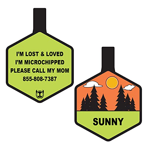 Silent Dog Tag Personalized with 5 Lines of Custom Deep Engraved Durable Soundless Silicone Pet ID Name Tag Hexagon Forest Day