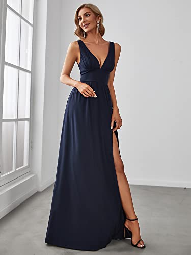 Ever-Pretty Women's Deep V-Neck Long High Elastic Knit Long Plain Evening Dresses Bridesmaid Dress Navy Blue US8