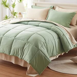 anluoer queen size bed in a bag 7 pieces, sage green bed comforter set with comforter and sheets, all season bedding sets with 1 comforter, 2 pillow shams, 2 pillowcases, 1 flat sheet,1 fitted sheet
