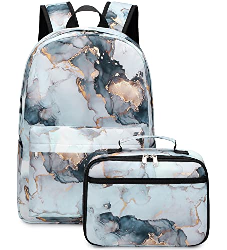 JIANYA Backpack for Teen Girls Boys School Backpack with Lunch Box Marble Kids Book Bag Schoolbag