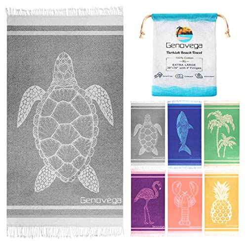 Oversized Cotton Turkish Sandproof Beach Towel Blanket Adult-74"x38" Extra Large Big Sand Free Quick Dry Bag Compact Lightweight Travel Swim Towels, Essentials Cruise Accessories Vacation Stuff Turtle