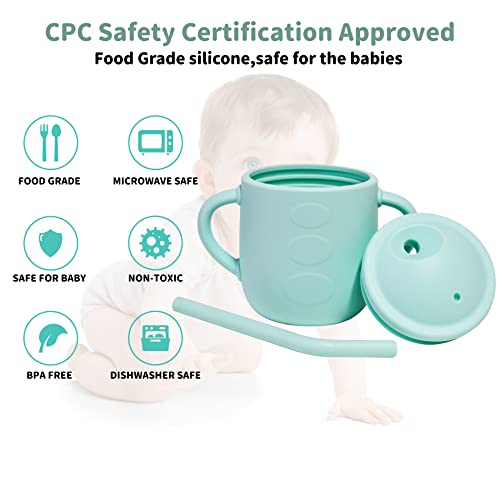 Adocham 100% Silicone Baby Cup With Straw & 2 Handles,Food Grade Toddler Infant Sippy Training Cups Spill Proof,BPA-Free,6 Months+,5oz (Cyan)