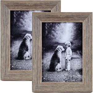 yaetm 5x7 rustic picture frame, solid wood frame with high definition real glass, distressed photo frames for table top & wall mounting display, weathered gray, set of 2