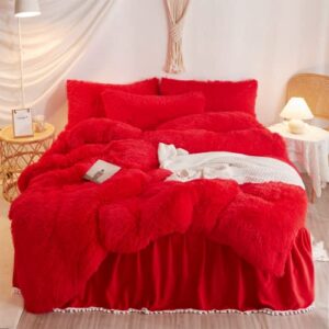 haihua fluffy red comforter cover set queen，faux fur red bedding 3 pieces(1 plush queen duvet cover +2 faux fur pillowcases) faux fur red bed set (red, queen)