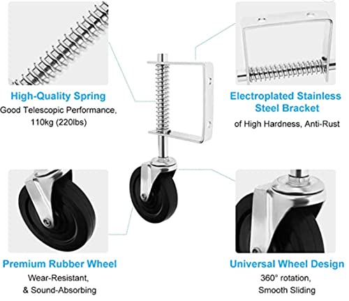 Spring Loaded Gate Caster 4”, Heavy Duty Gate Caster Wheel with Spring Loaded,Universal Mount Pate, 250-500 lbs Load Capacity, 4 Inches Rubber Wheel(Two PCS))