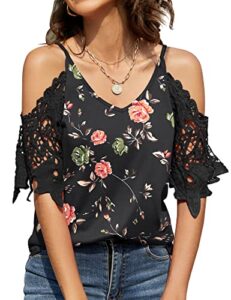tfsdod print cold shoulder tops for women v neck lace cutout tunics shirts casual strap short sleeve shirts black red floral xlarge