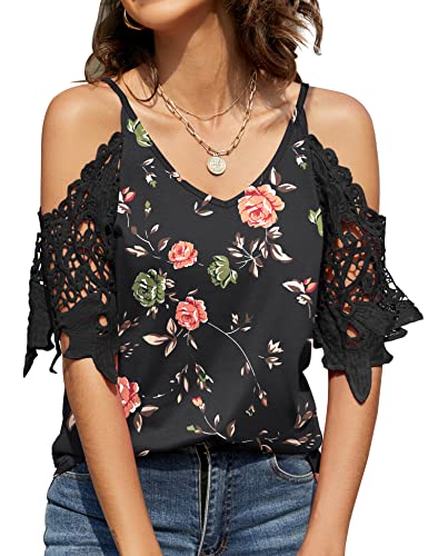 TFSDOD Print Cold Shoulder Tops for Women V Neck Lace Cutout Tunics Shirts Casual Strap Short Sleeve Shirts Black Red Floral XLarge