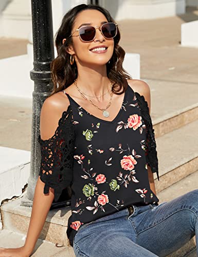 TFSDOD Print Cold Shoulder Tops for Women V Neck Lace Cutout Tunics Shirts Casual Strap Short Sleeve Shirts Black Red Floral XLarge