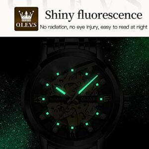 OLEVS Men’s Black Skeleton Watch Automatic Mechanical Self Winding Luxury Dress Stainless Steel Waterproof Luminous Wrist Watches