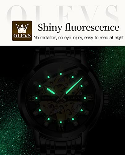 OLEVS Men’s Black Skeleton Watch Automatic Mechanical Self Winding Luxury Dress Stainless Steel Waterproof Luminous Wrist Watches