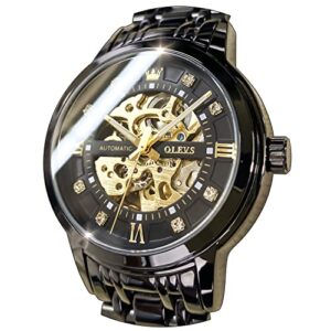 olevs men’s black skeleton watch automatic mechanical self winding luxury dress stainless steel waterproof luminous wrist watches