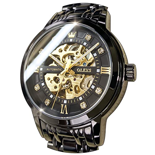 OLEVS Men’s Black Skeleton Watch Automatic Mechanical Self Winding Luxury Dress Stainless Steel Waterproof Luminous Wrist Watches