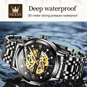 OLEVS Men’s Black Skeleton Watch Automatic Mechanical Self Winding Luxury Dress Stainless Steel Waterproof Luminous Wrist Watches