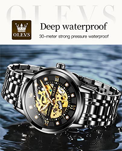 OLEVS Men’s Black Skeleton Watch Automatic Mechanical Self Winding Luxury Dress Stainless Steel Waterproof Luminous Wrist Watches