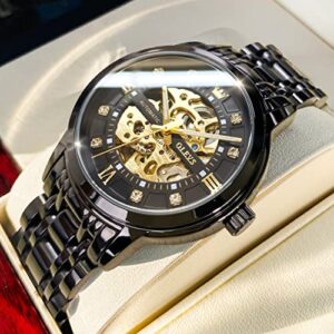 OLEVS Men’s Black Skeleton Watch Automatic Mechanical Self Winding Luxury Dress Stainless Steel Waterproof Luminous Wrist Watches