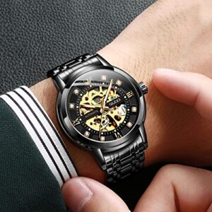 OLEVS Men’s Black Skeleton Watch Automatic Mechanical Self Winding Luxury Dress Stainless Steel Waterproof Luminous Wrist Watches