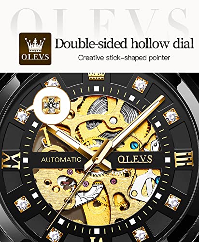 OLEVS Men’s Black Skeleton Watch Automatic Mechanical Self Winding Luxury Dress Stainless Steel Waterproof Luminous Wrist Watches