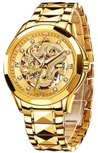 olevs gold watches for men automatic dragon skeleton mechanical luxury watch business dress with tungsten steel luminous 160ft waterproof diamond fashion wrist watch