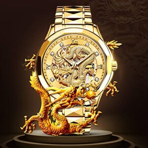 OLEVS Gold Watches for Men Automatic Dragon Skeleton Mechanical Luxury Watch Business Dress with Tungsten Steel Luminous 160FT Waterproof Diamond Fashion Wrist Watch