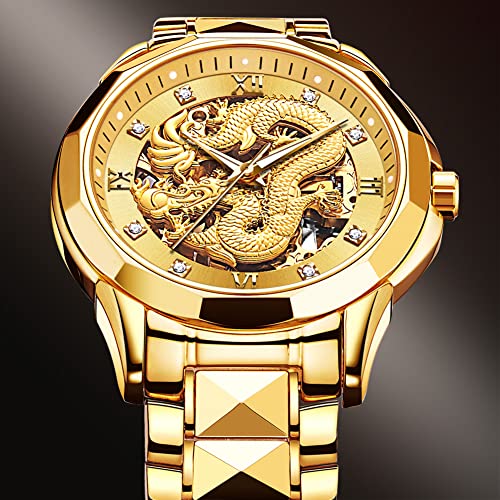 OLEVS Gold Watches for Men Automatic Dragon Skeleton Mechanical Luxury Watch Business Dress with Tungsten Steel Luminous 160FT Waterproof Diamond Fashion Wrist Watch