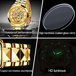 OLEVS Gold Watches for Men Automatic Dragon Skeleton Mechanical Luxury Watch Business Dress with Tungsten Steel Luminous 160FT Waterproof Diamond Fashion Wrist Watch