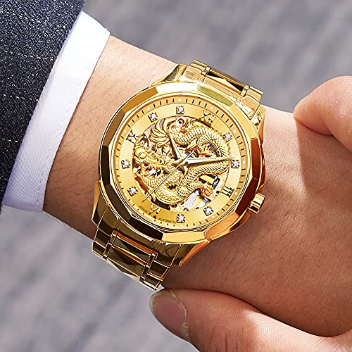 OLEVS Gold Watches for Men Automatic Dragon Skeleton Mechanical Luxury Watch Business Dress with Tungsten Steel Luminous 160FT Waterproof Diamond Fashion Wrist Watch