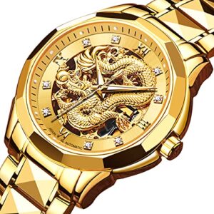 OLEVS Gold Watches for Men Automatic Dragon Skeleton Mechanical Luxury Watch Business Dress with Tungsten Steel Luminous 160FT Waterproof Diamond Fashion Wrist Watch